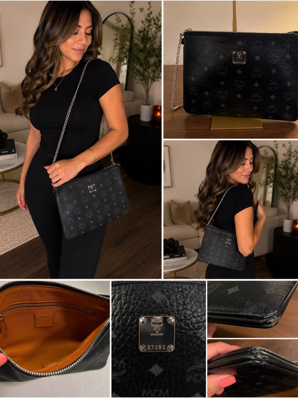 🖤 MCM Black Visetos Leather Chain Zip Pouch / Large Wristlet Clutch